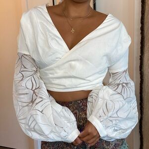 Asilio Boho long sleeve wrap top crop top white puff bell sleeve